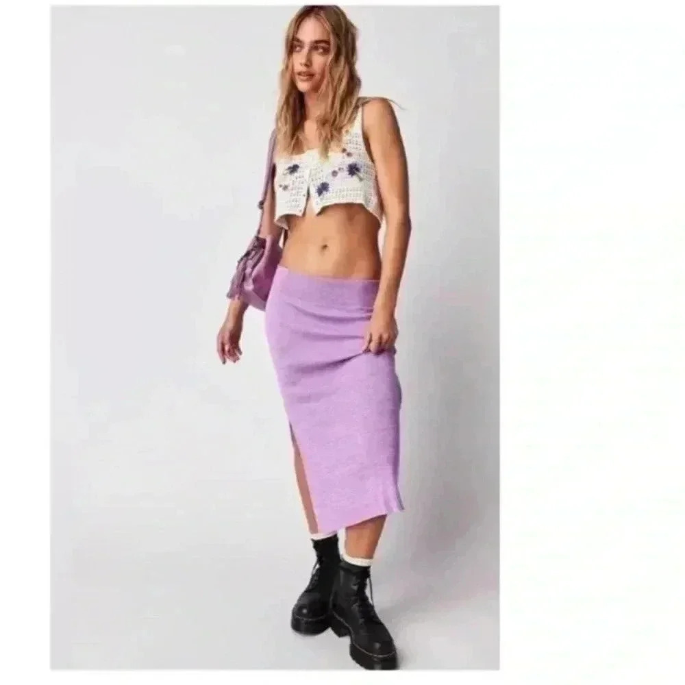 NEW Free People Golden Hour Midi Skirt Purple Combo Size Medium NWOT